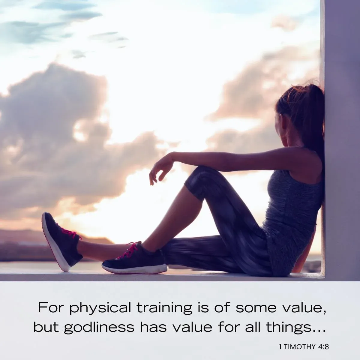 woman athlete looking out toward sky with image text — Bible verse for sports and athletes