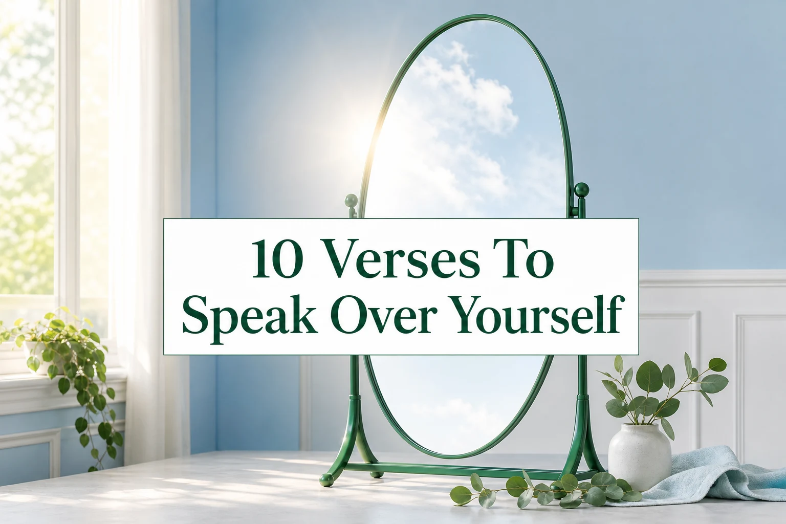Emerald-framed mirror reflecting bright clouds with the title 10 Verses To Speak Over Yourself