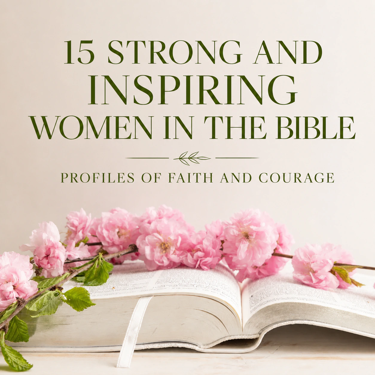 Open Bible with pink flowers and the title 15 Strong and Inspiring Women in the Bible