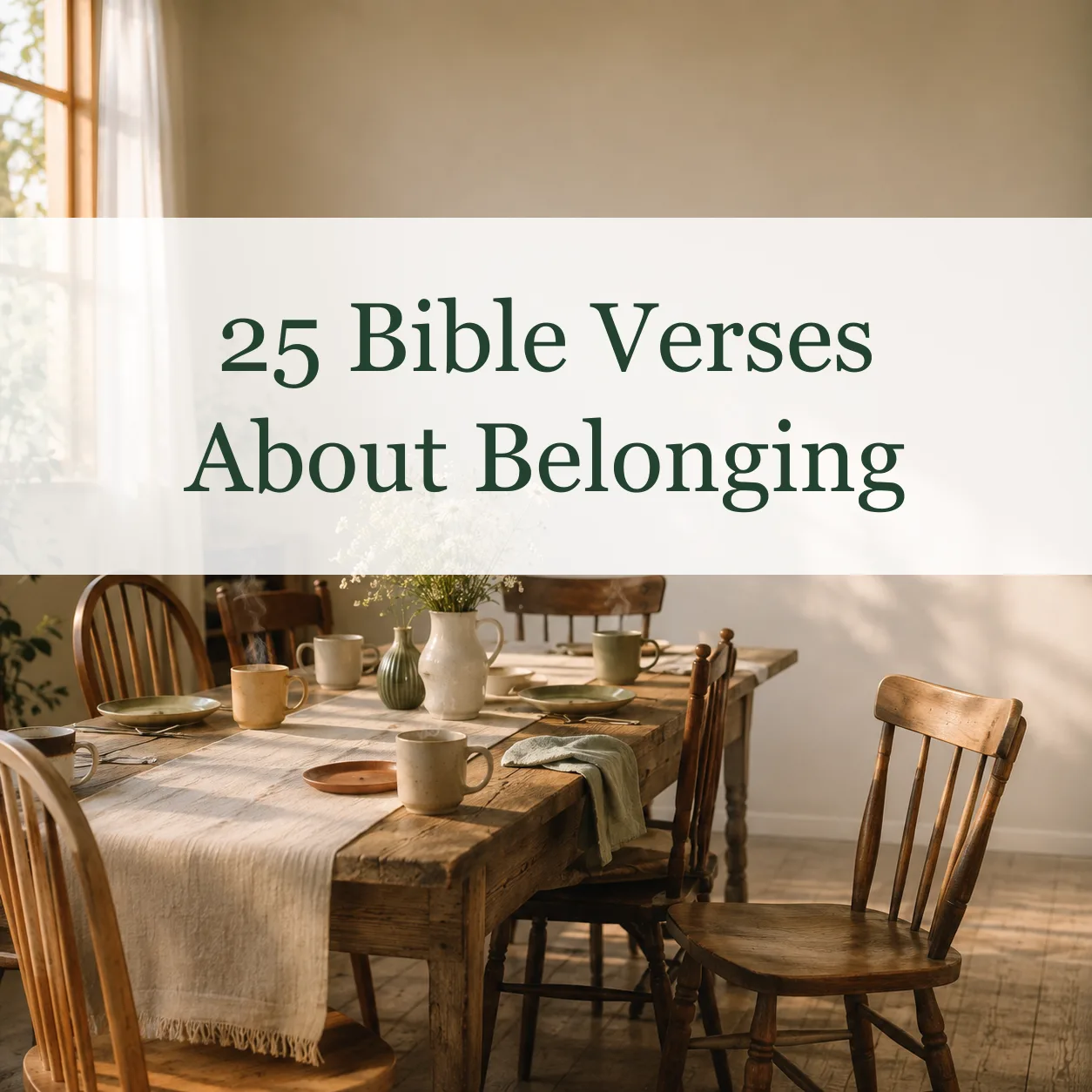 A sunlit farmhouse table set with mugs and wildflowers, chairs pulled close and one turned outward, with the title 25 Bible Verses About Belonging