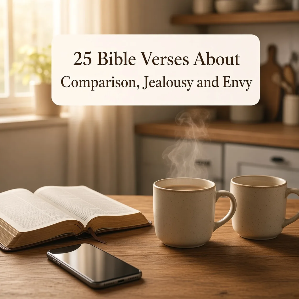 Title card reading 25 Bible Verses About Comparison, Jealousy and Envy over a sunlit kitchen table with an open Bible, a dark phone, and two speckled mugs, one of them steaming.