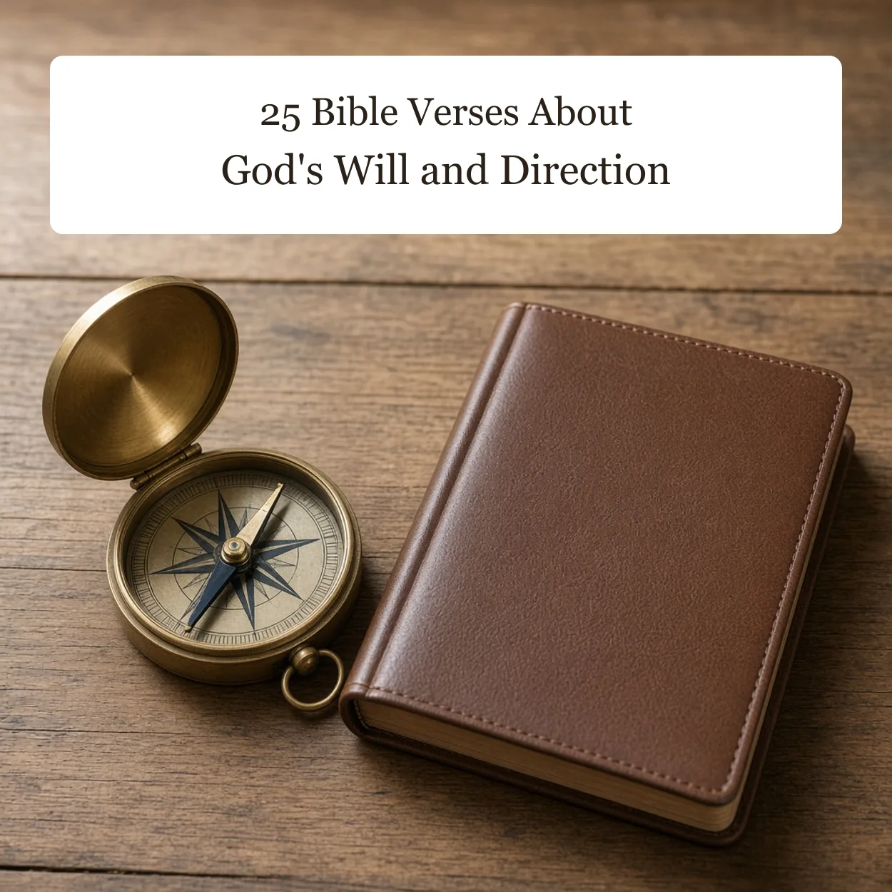 Title card reading 25 Bible Verses About God's Will and Direction over an open brass compass and a closed Bible on a wooden table.