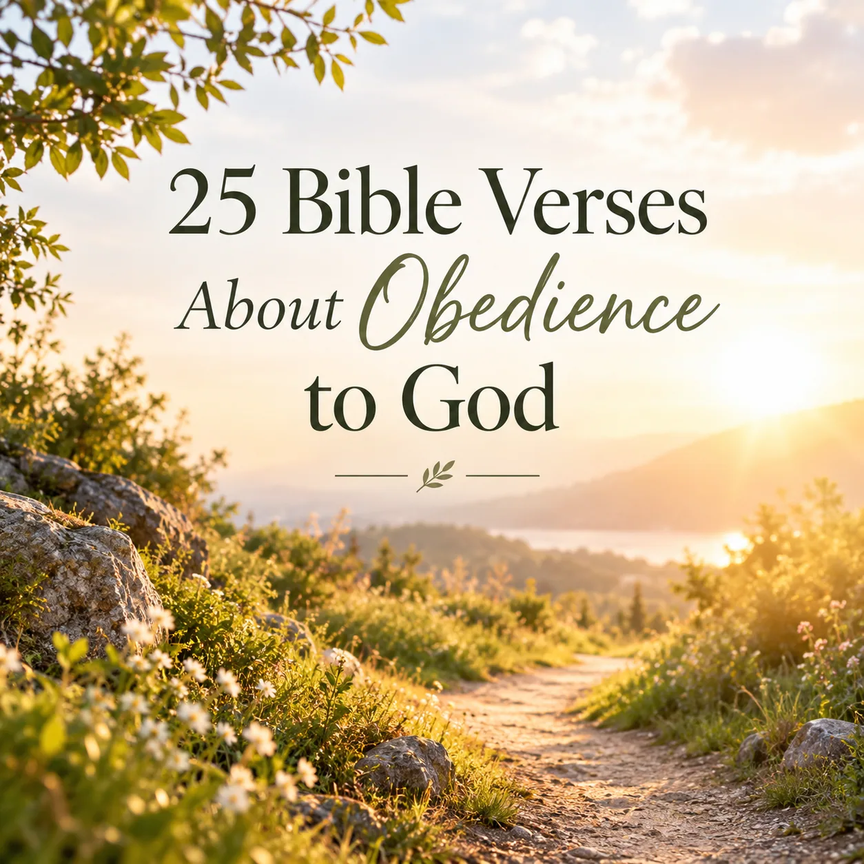 Title card reading 25 Bible Verses About Obedience to God above a sunlit path winding through wildflowers toward the morning light.