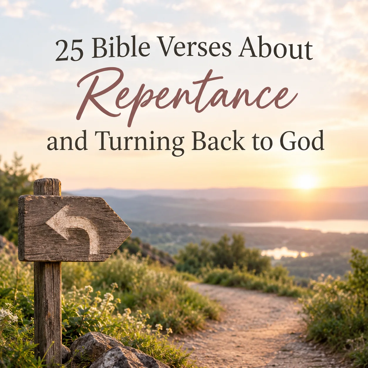 Title card reading 25 Bible Verses About Repentance and Turning Back to God above a wooden sign with a return arrow beside a winding path at sunset.