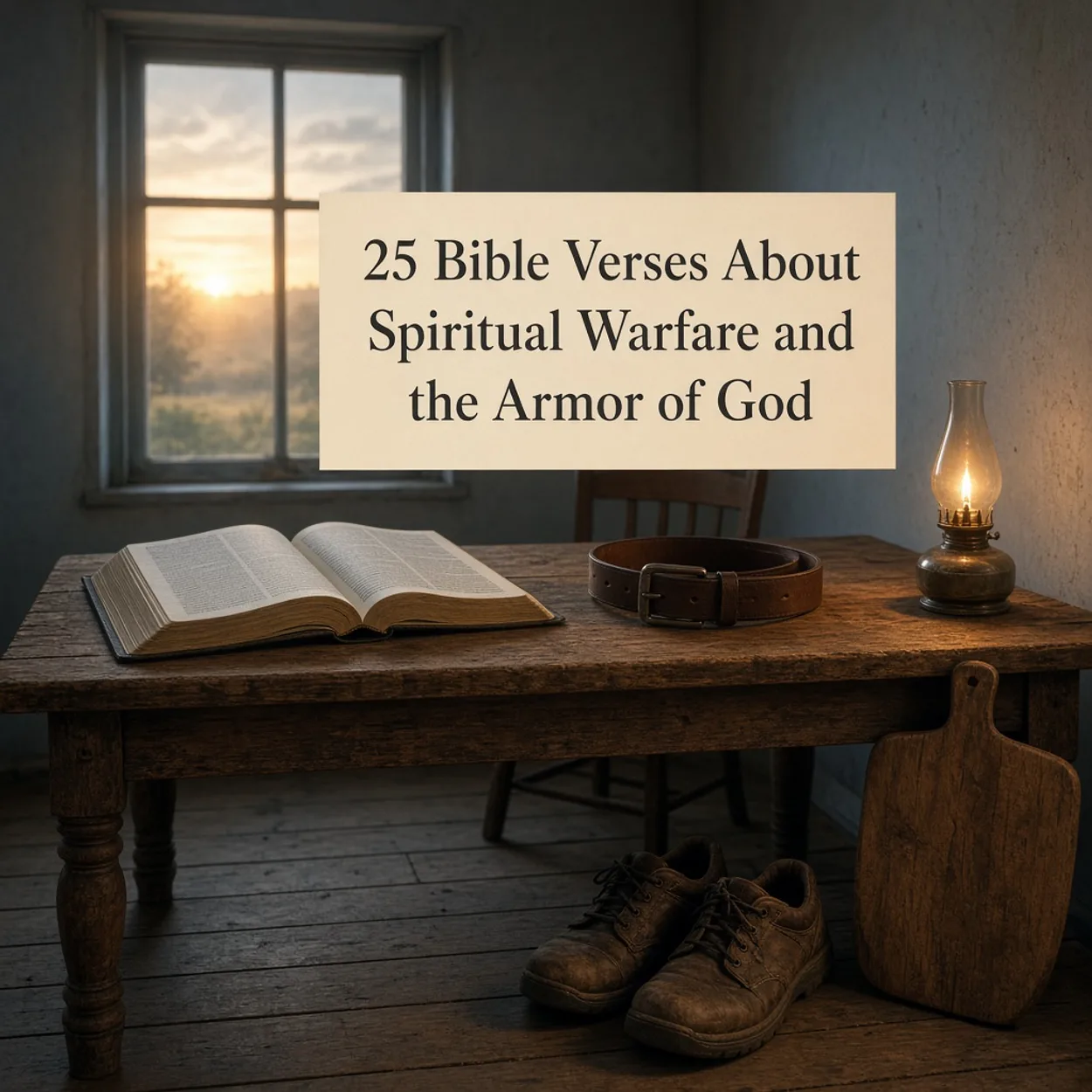Title card reading 25 Bible Verses About Spiritual Warfare and the Armor of God over a wooden table at dawn, an open Bible, a leather belt, work boots, an oil lamp, and a cutting board leaning like a shield.