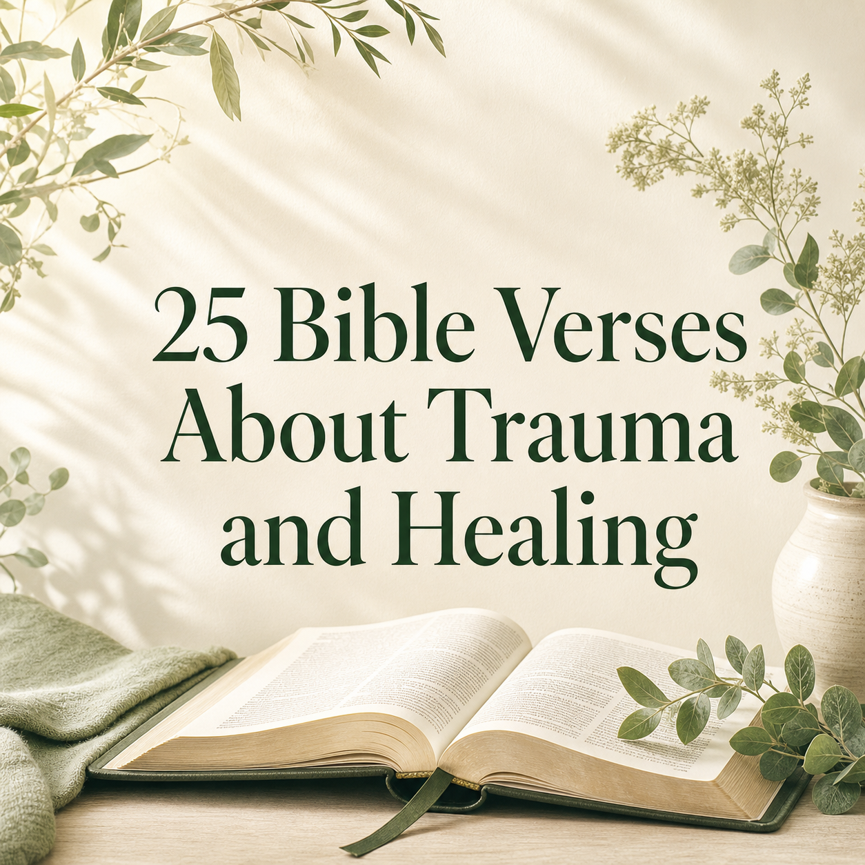 Open Bible with green text reading 25 Bible Verses About Trauma and Healing