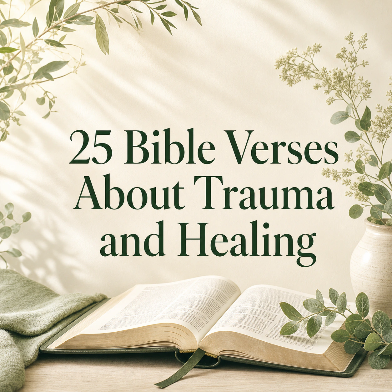 Open Bible with green text reading 25 Bible Verses About Trauma and Healing