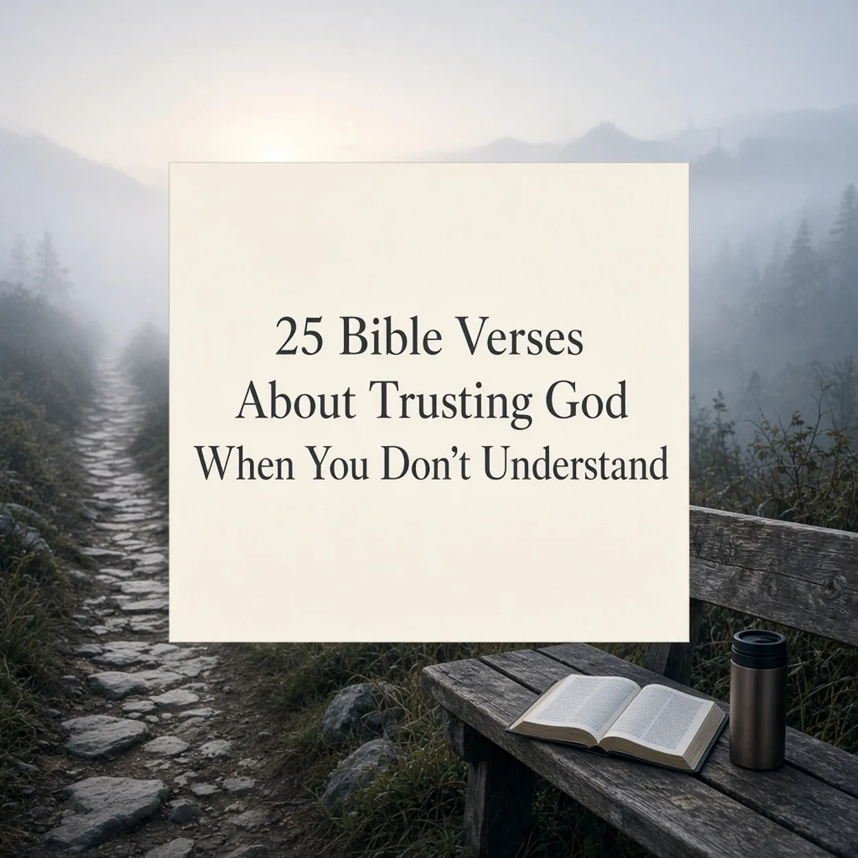 Title card reading 25 Bible Verses About Trusting God When You Don't Understand over a foggy mountain trail, a wooden bench, an open Bible, and a thermos.