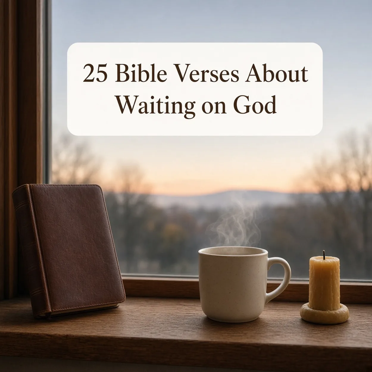 Title card reading 25 Bible Verses About Waiting on God over a dawn windowsill with a leather Bible, a steaming mug, and an unlit candle.