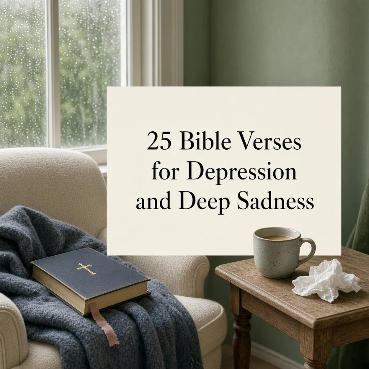 Title card reading 25 Bible Verses for Depression and Deep Sadness over a rainy window, a cream armchair with a Bible and wool blanket, and a cold mug of tea beside crumpled tissues.