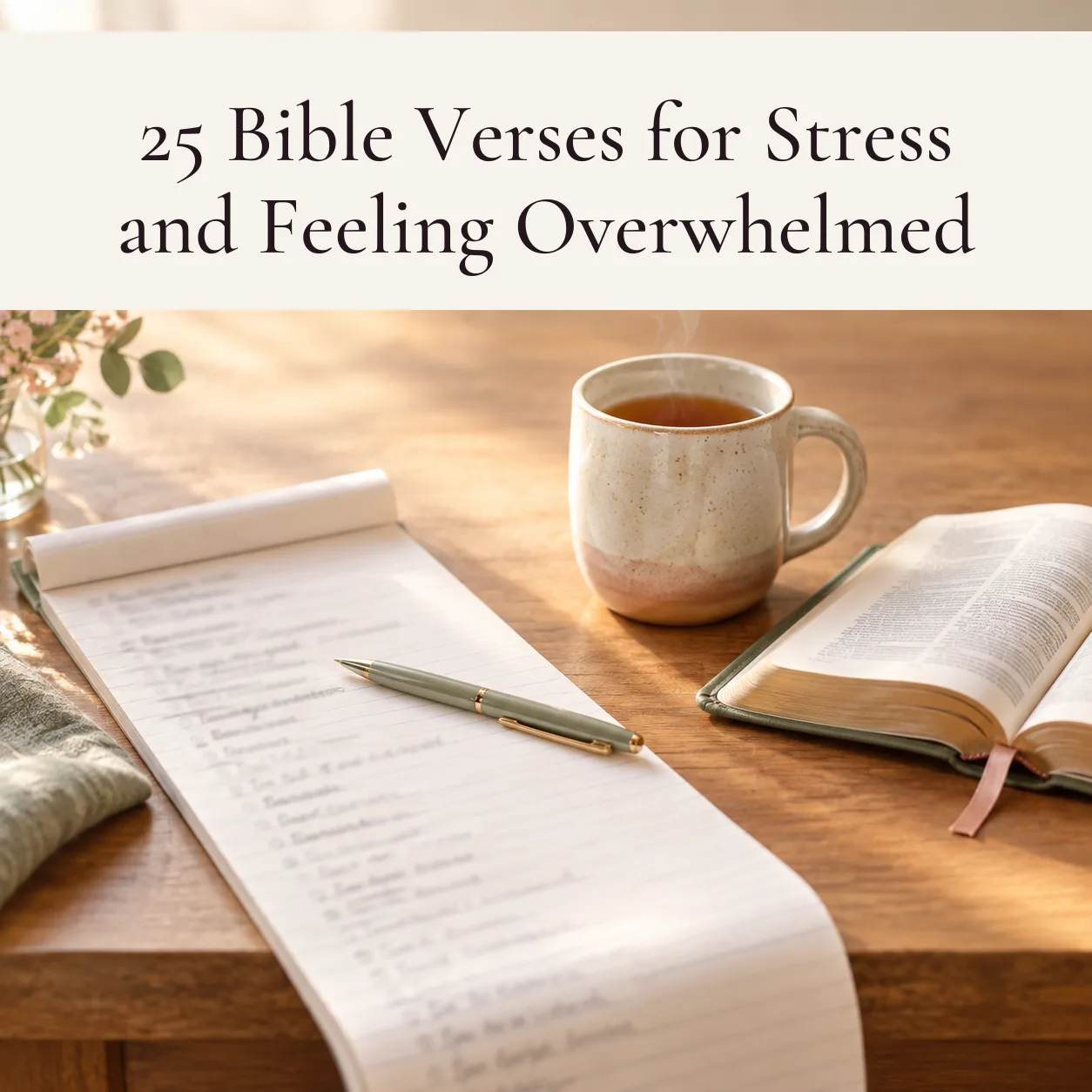 Title card reading 25 Bible Verses for Stress and Feeling Overwhelmed above a sunlit wooden table holding a long handwritten to-do list curling off its notepad, a sage green pen, a steaming mug of tea and an open Bible with a pink ribbon bookmark.