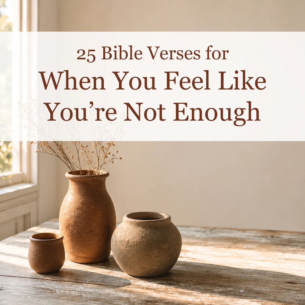 Three plain handmade clay pots on a sunlit wooden table beside a window, with the title 25 Bible Verses for When You Feel Like You're Not Enough