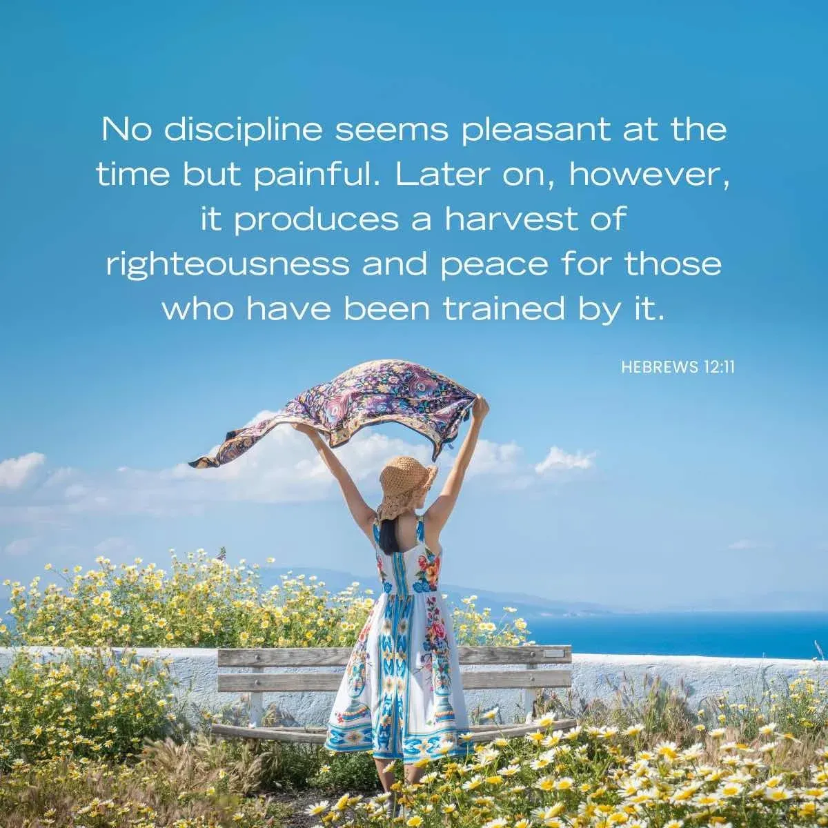 woman in field of daisies overlooking ocean — Bible verse about adversity