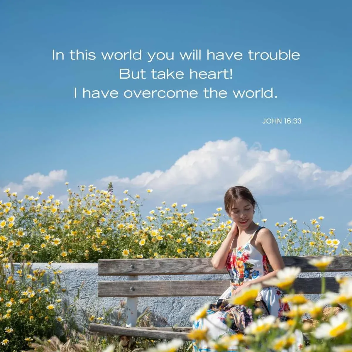 woman on bench in field of daisies — Bible verse about adversity