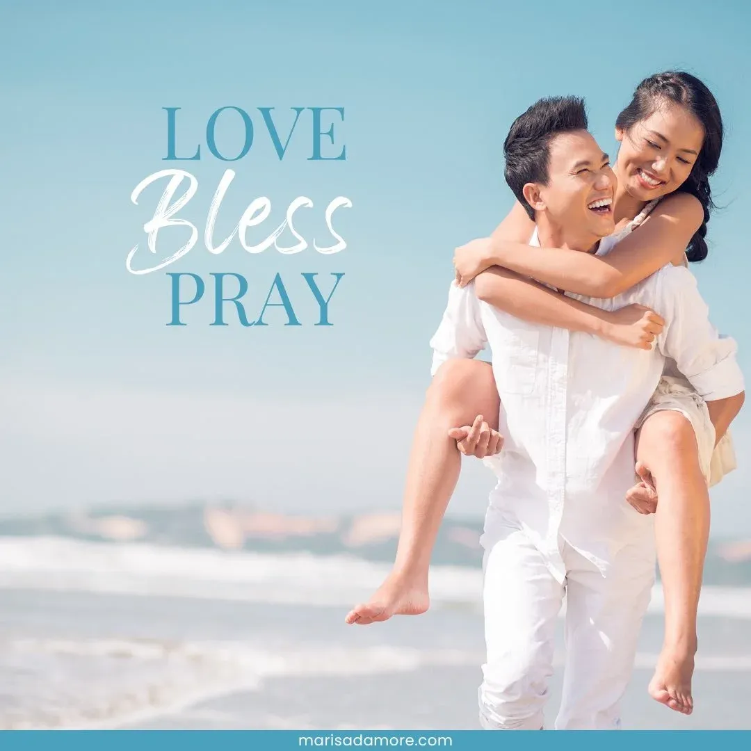 Young, fun couple piggybacking with image text — Bible verse for engagement