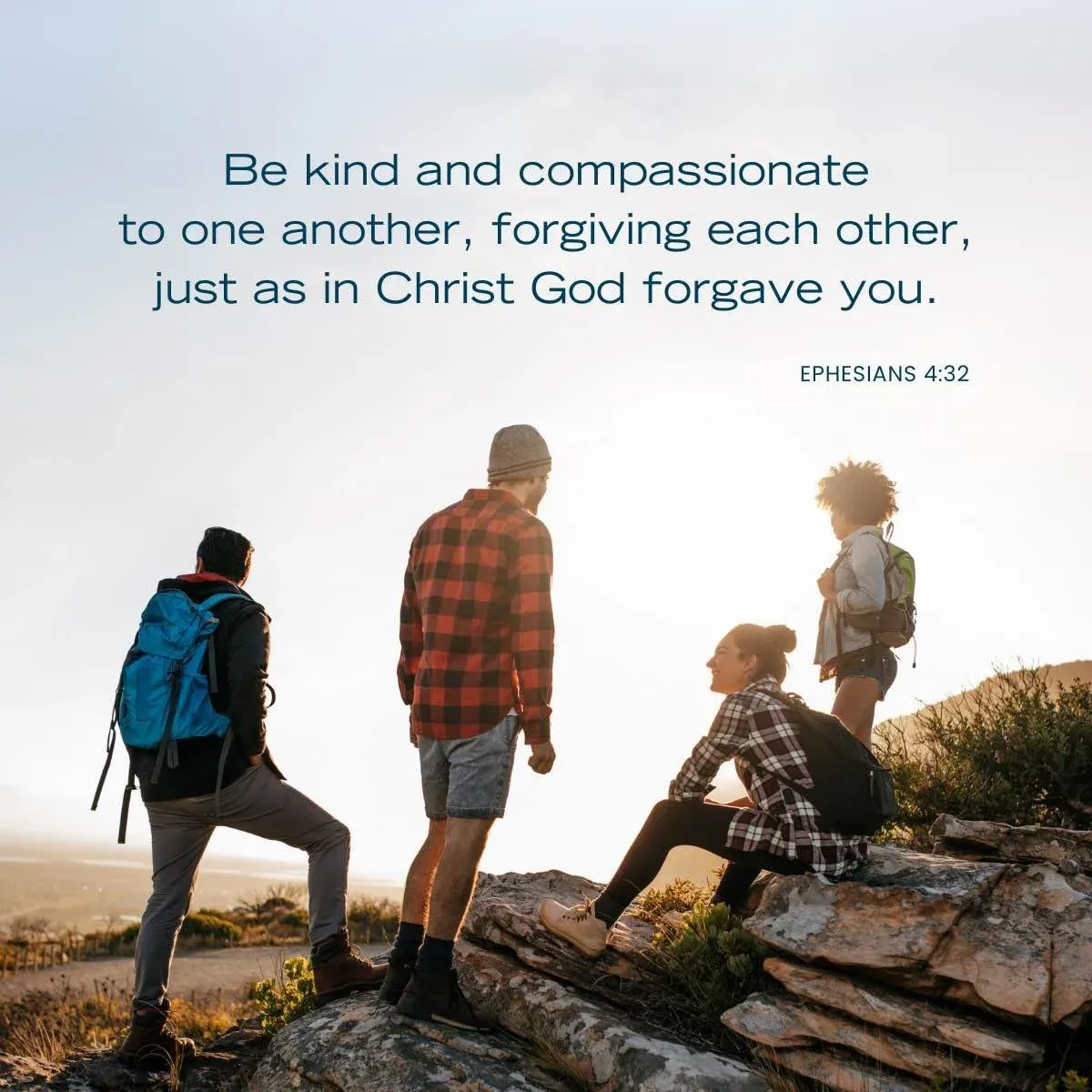 a group of hikers resting — Bible verse about kindness