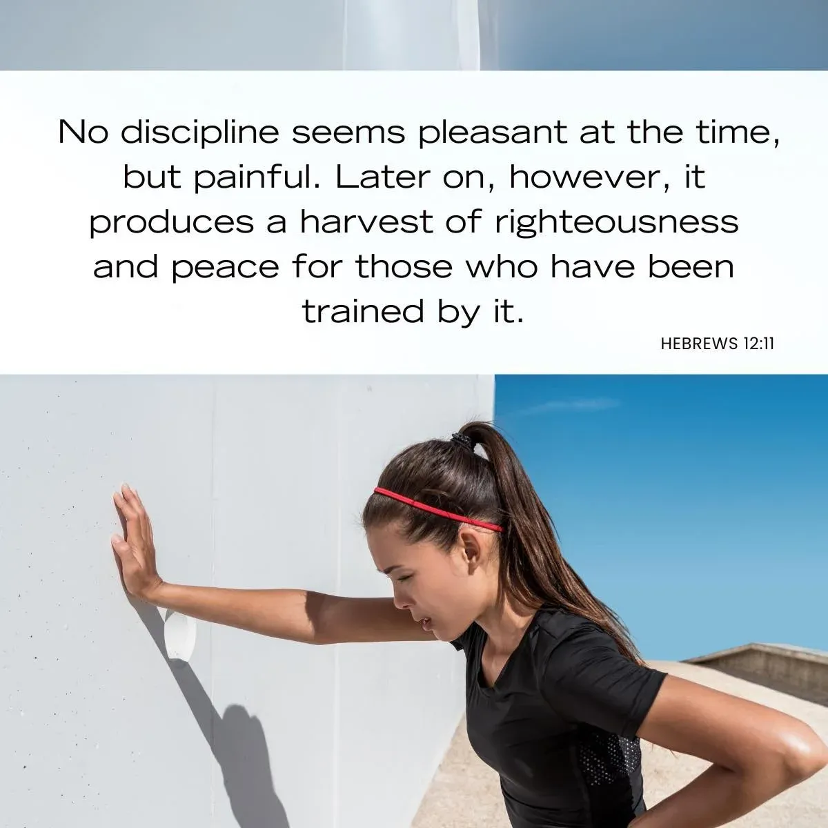 young adult athlete resting against wall with image text — Bible verse for sports and athletes