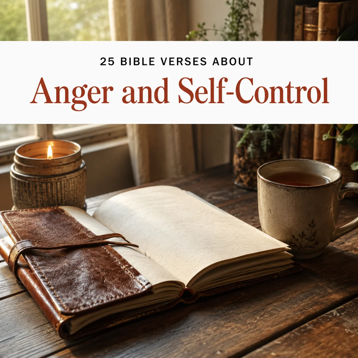 Open leather journal beside a lit candle and a mug of tea on a wooden desk near a sunlit window, with a title card reading 25 Bible Verses About Anger and Self-Control
