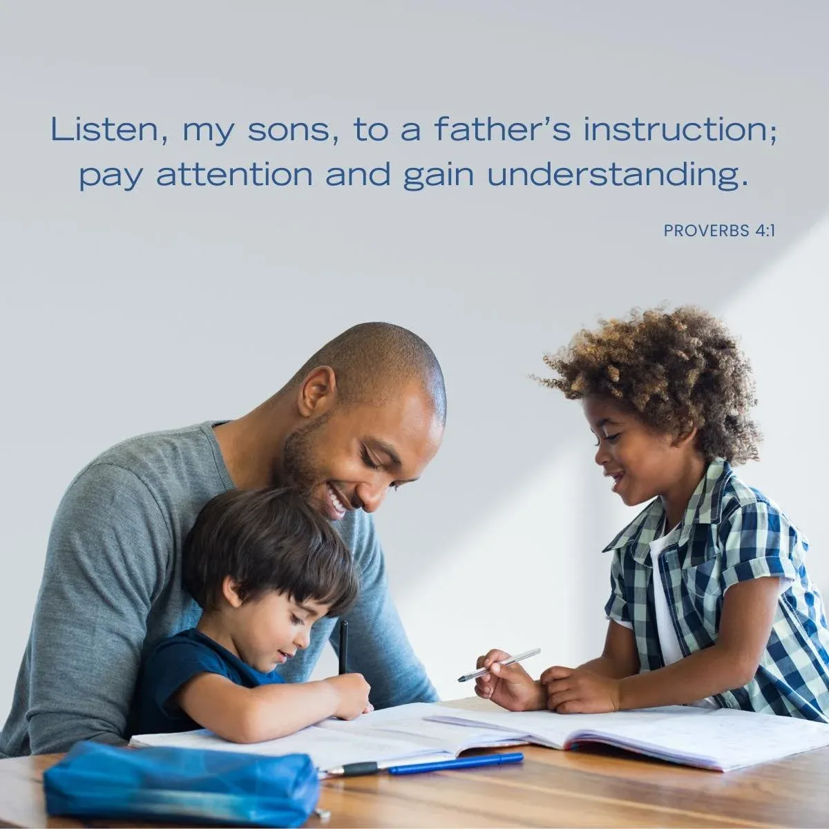 father and two young sons reading books — Bible verse for fathers