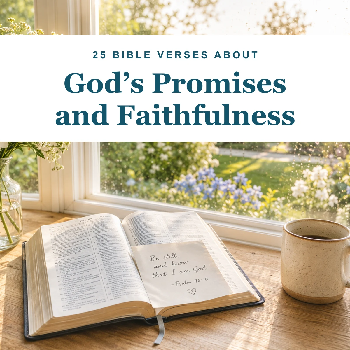 Open Bible with a handwritten Psalm 46:10 note on a sunlit windowsill beside flowers and a mug of coffee, with a title card reading 25 Bible Verses About God's Promises and Faithfulness