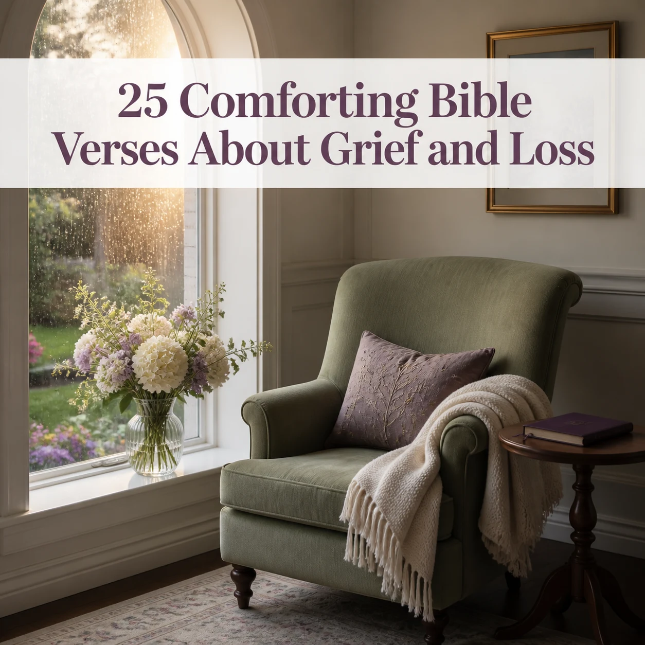 Sage armchair beside flowers in a rain-lit arched window with a title card reading 25 Comforting Bible Verses About Grief and Loss