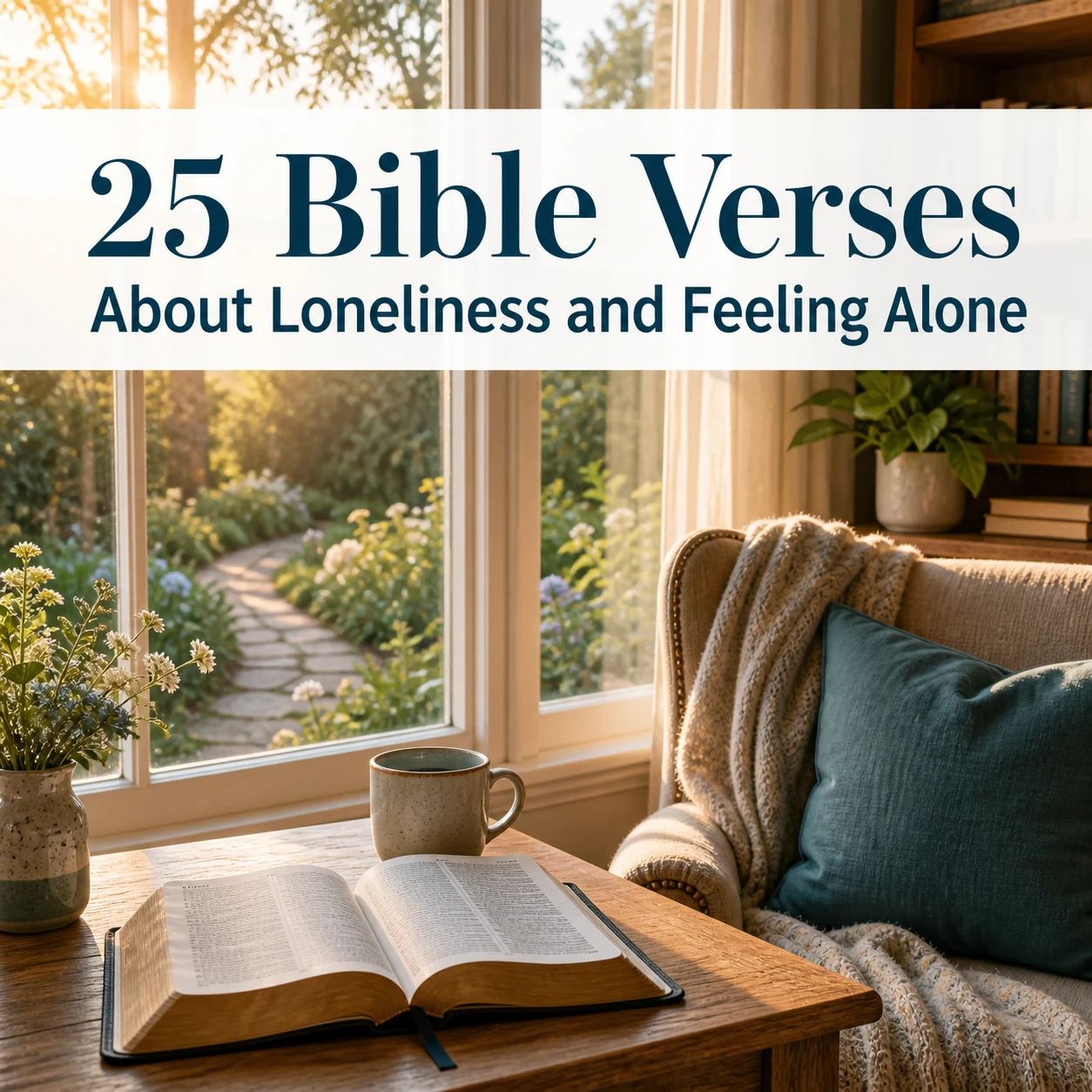 Sunlit reading nook with an open Bible and a title card reading 25 Bible Verses About Loneliness and Feeling Alone