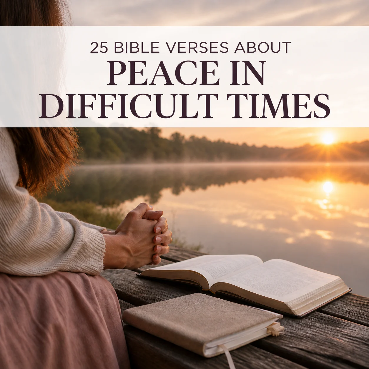 Woman praying beside an open Bible at sunrise with a title card reading 25 Bible Verses About Peace in Difficult Times