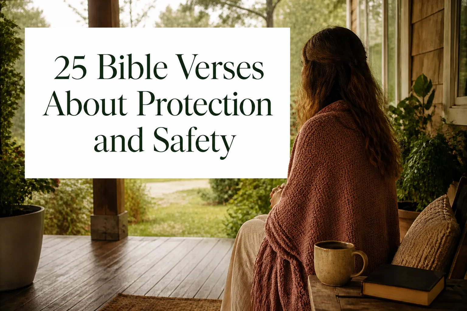 Woman sitting safely on a covered porch during rain with a title card reading 25 Bible Verses About Protection and Safety