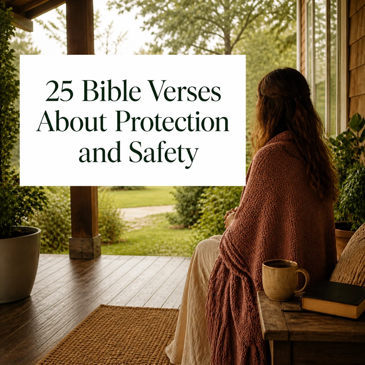 Woman sitting safely on a covered porch during rain with a title card reading 25 Bible Verses About Protection and Safety