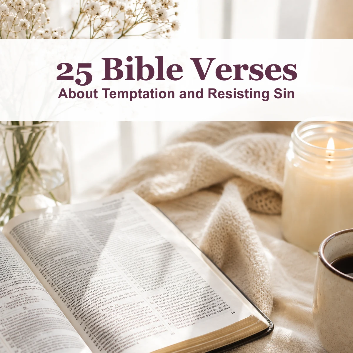 Open Bible on a linen cloth beside a lit candle, a mug of coffee and a vase of baby's breath in soft window light, with a title card reading 25 Bible Verses About Temptation and Resisting Sin