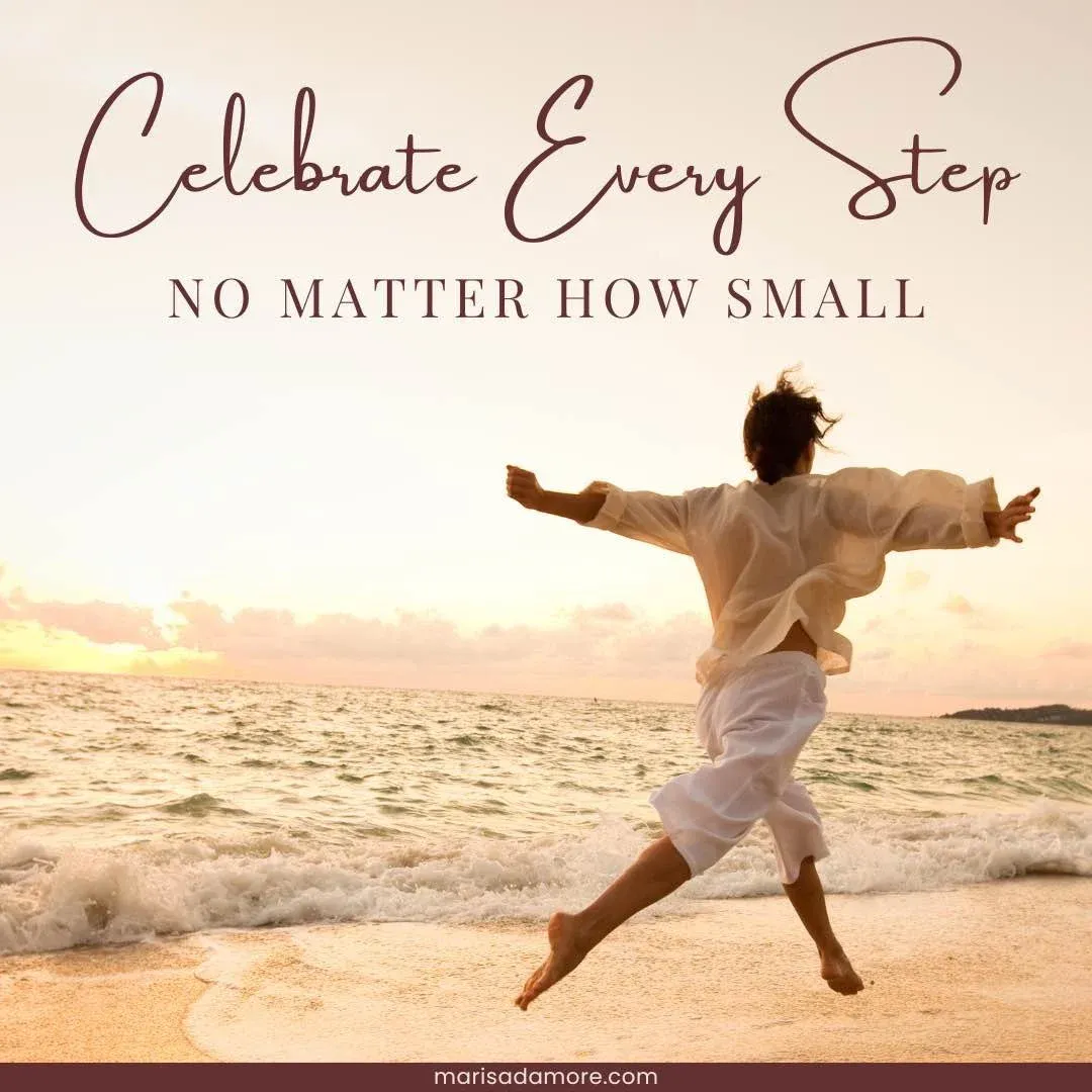 woman taking step on beach with image text