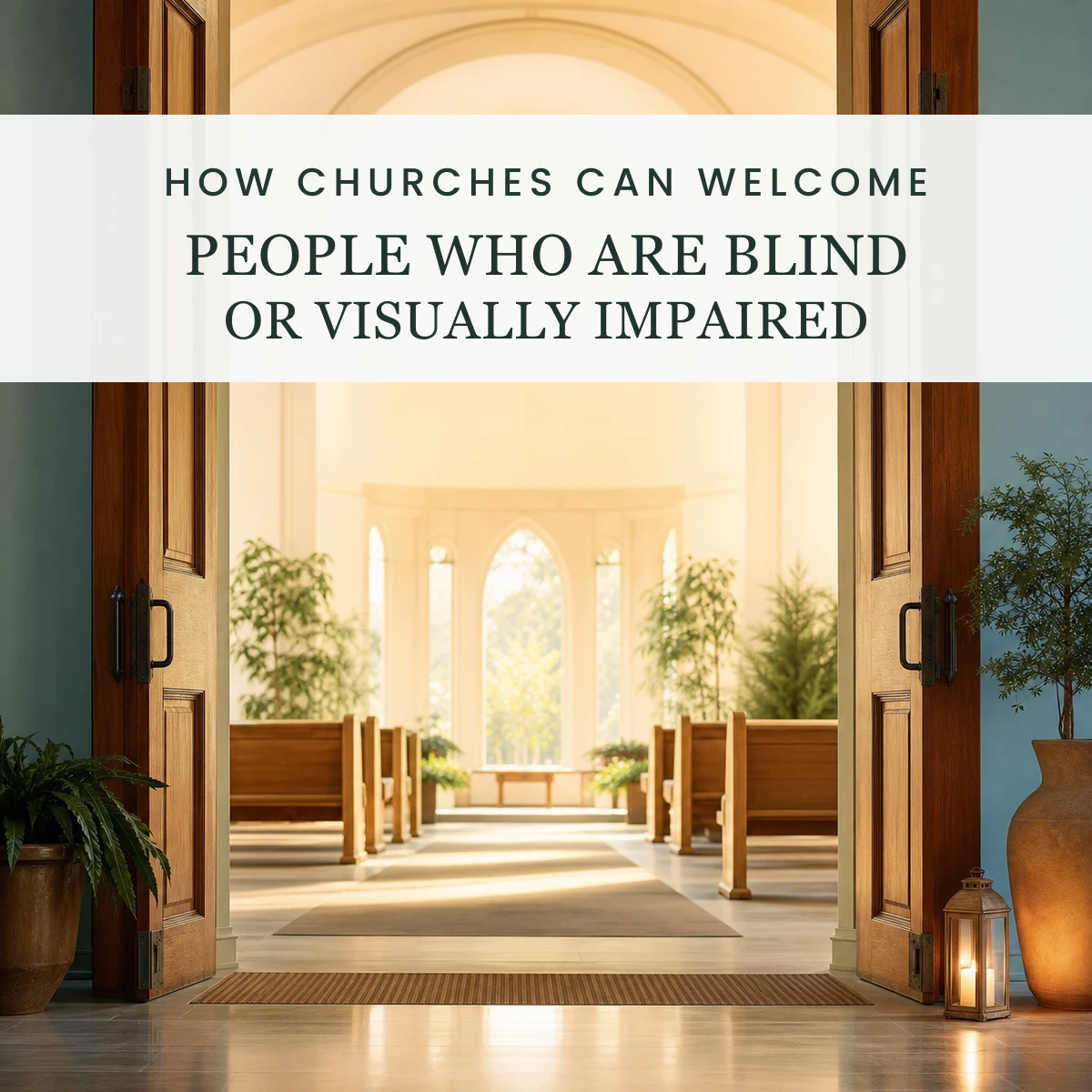 Open church doors with warm light and text about welcoming people who are blind or visually impaired