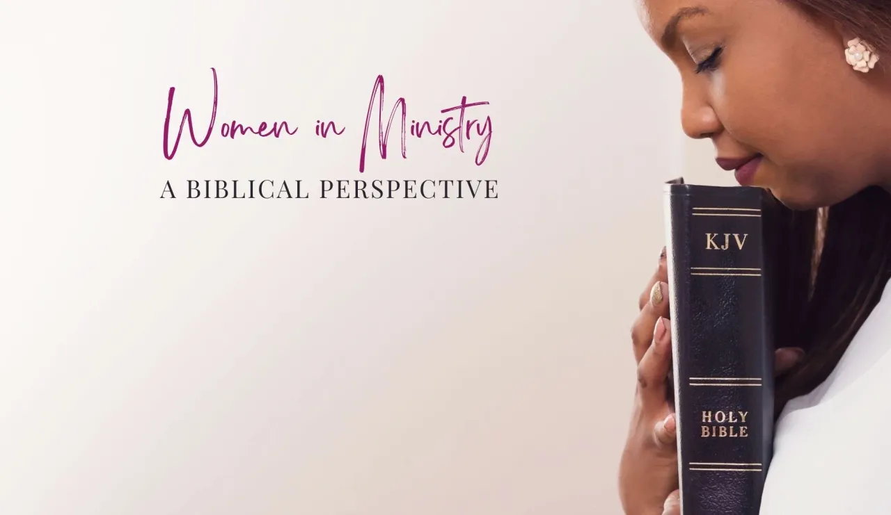 woman holding a Bible with text "Women in Ministry"