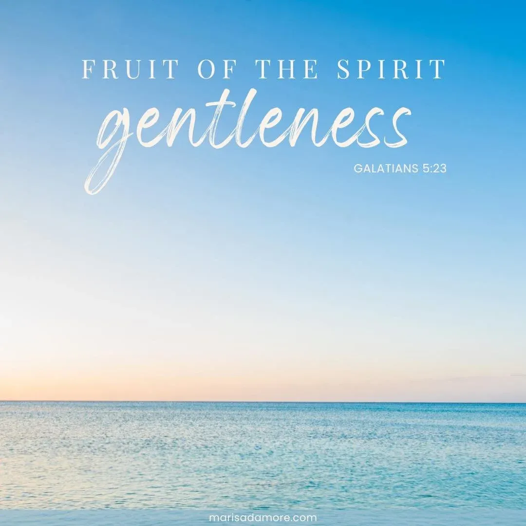 Ocean sunset over calm waters with image text 'Fruit of the spirit gentleness - Galatians 5:23'