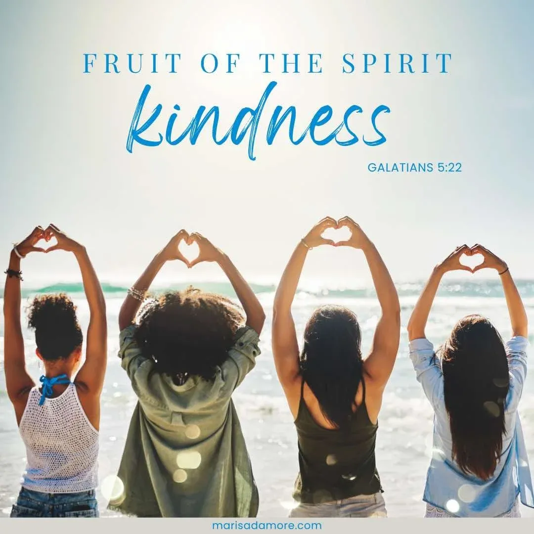 Group of young woman holding up hands in shape of a heart with image text 'Fruit of the spirit kindness - Galatians 5:22'