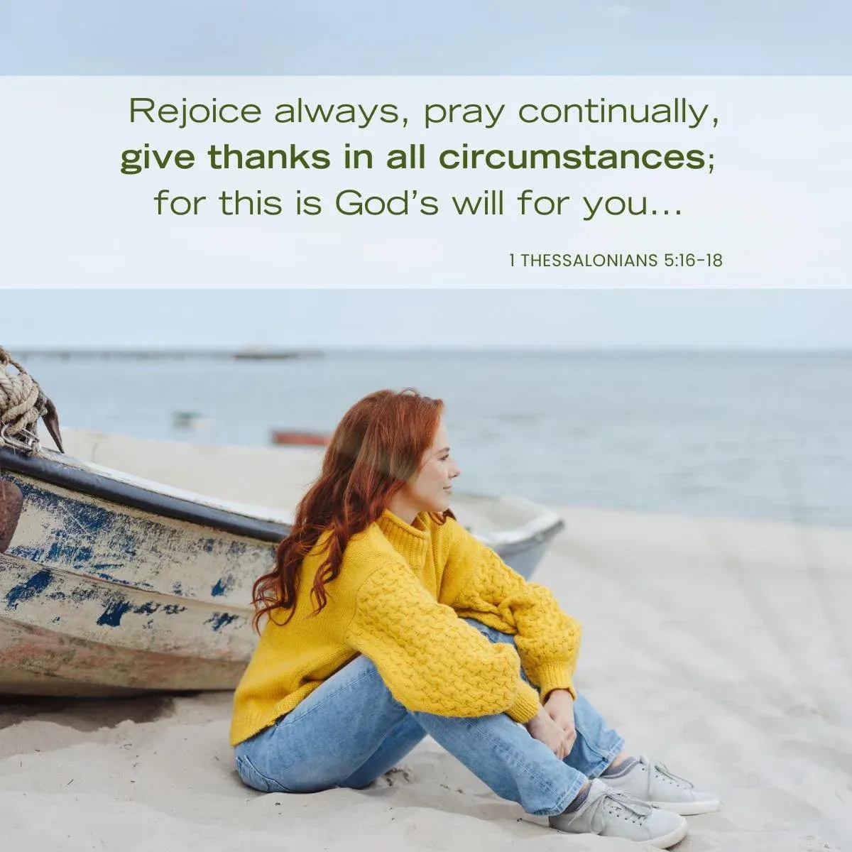 young woman sitting next to boat on shore — Bible verse about God's will