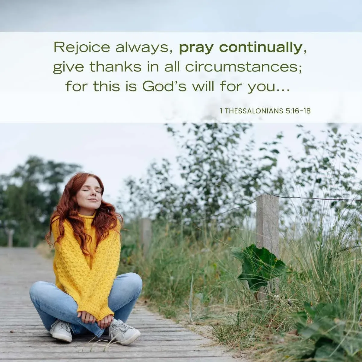 young woman with eyes closed sitting on boardwalk — Bible verse about God's will