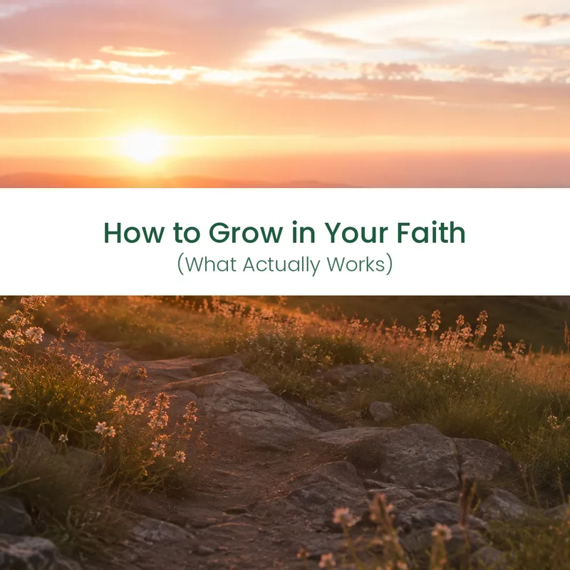 Sunrise over a mountain ridge with a rocky path and wildflowers, with the words How to Grow in Your Faith (What Actually Works)