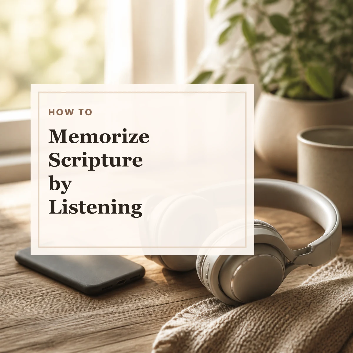 Headphones in warm morning light with text about memorizing Scripture by listening