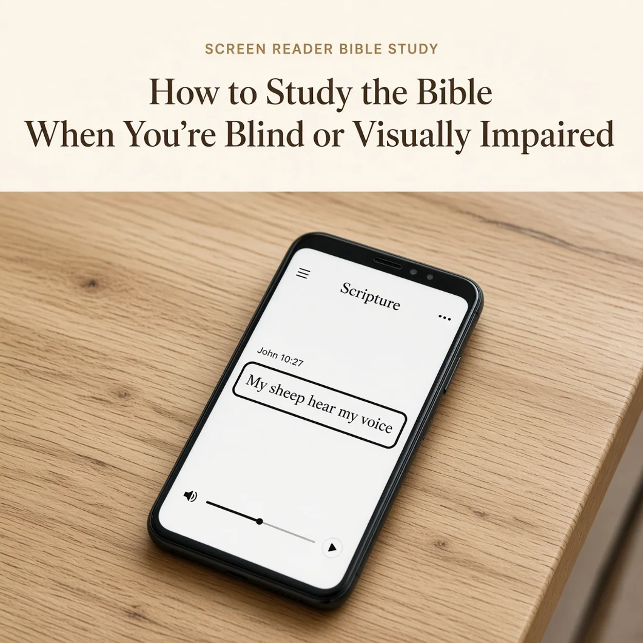 Title card reading How to Study the Bible When You're Blind or Visually Impaired over a phone showing a Bible verse with a screen-reader focus box