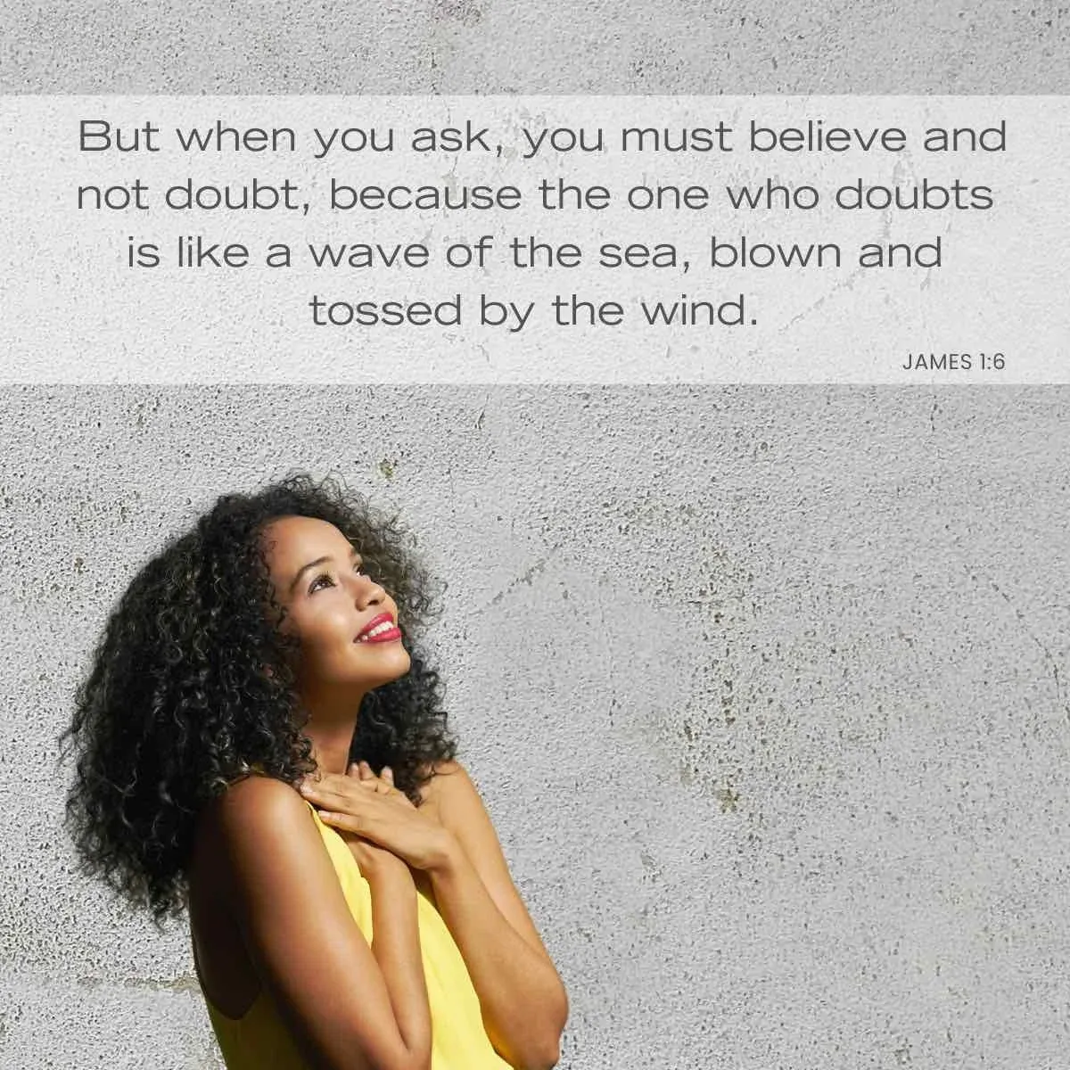 Happy woman looking up saying a prayer — Bible verse about doubt