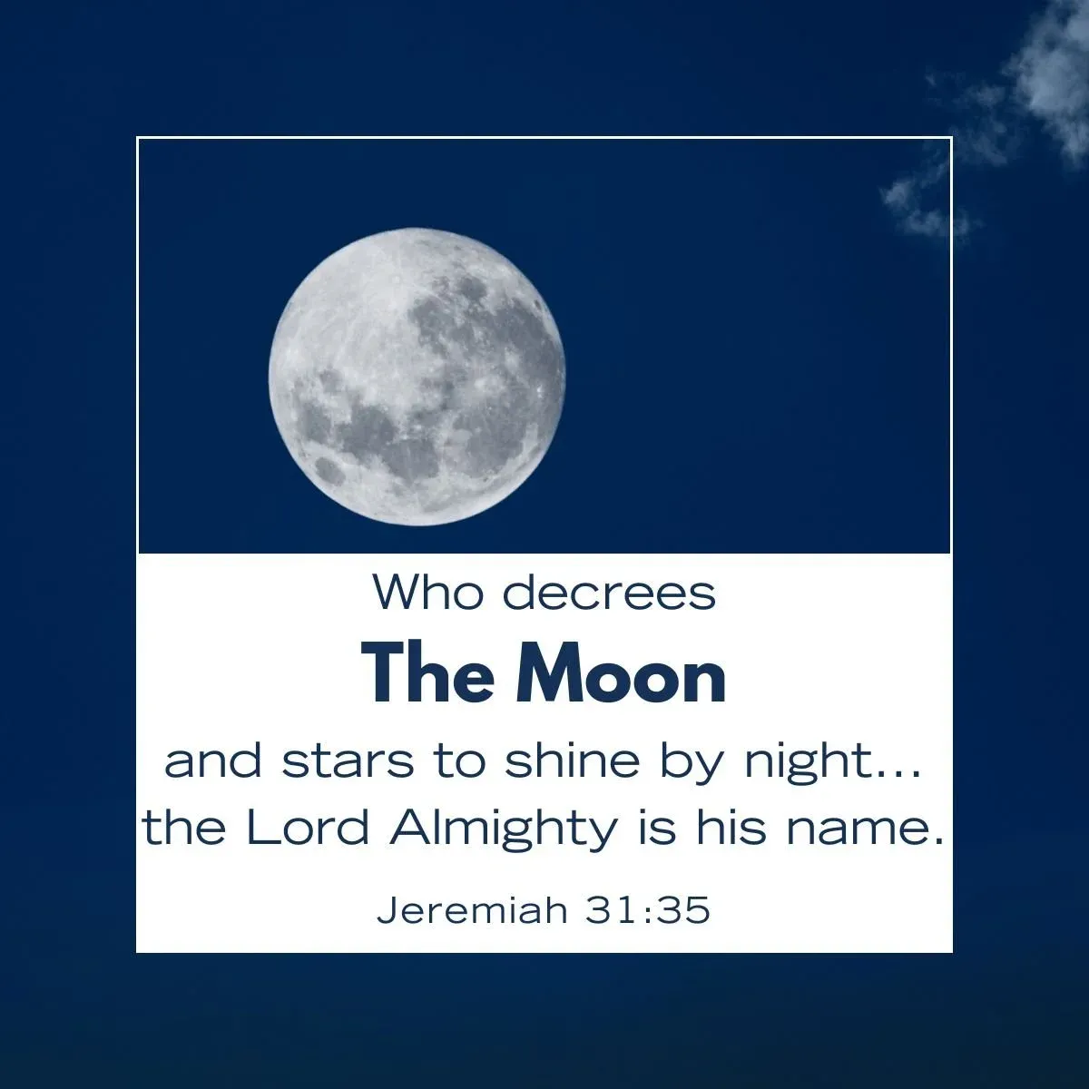 Jeremiah 31:35 Scripture about God commanding the moon and stars to shine by night, shown with a glowing moon in the sky representing His covenant and order.