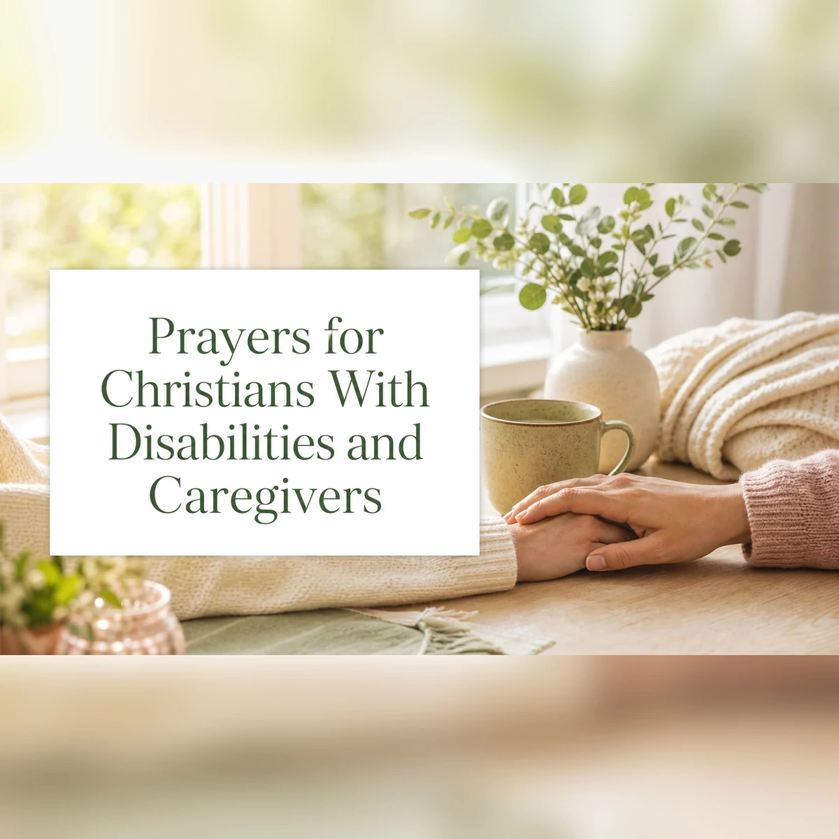 Warm caregiving scene with green text about prayers for Christians living with disabilities and caregivers