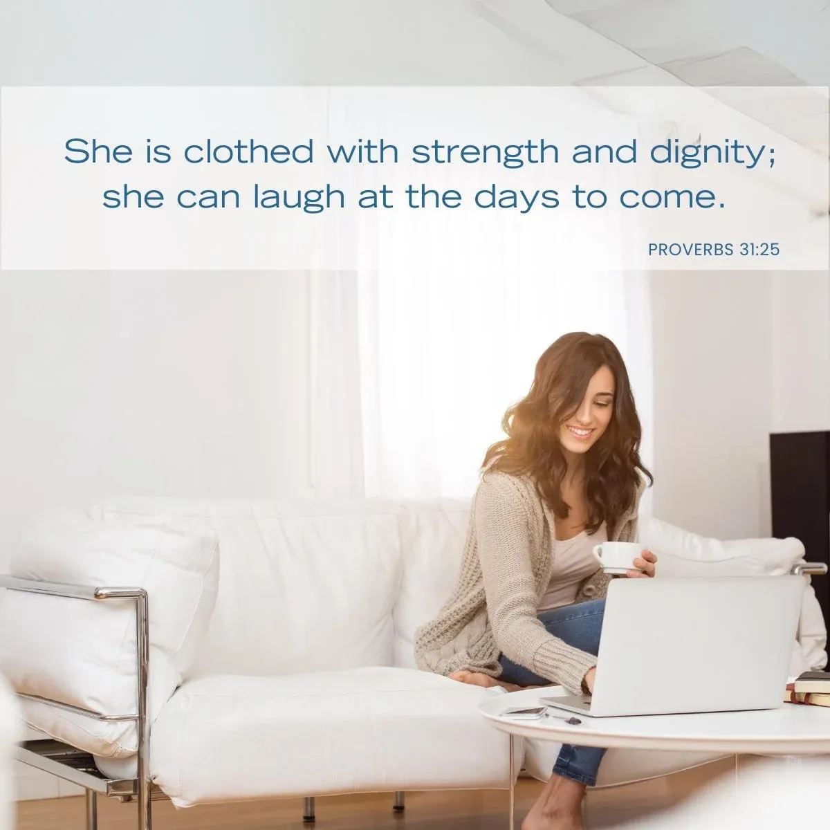 woman sitting on couch with laptop — Bible verse about self esteem and confidence