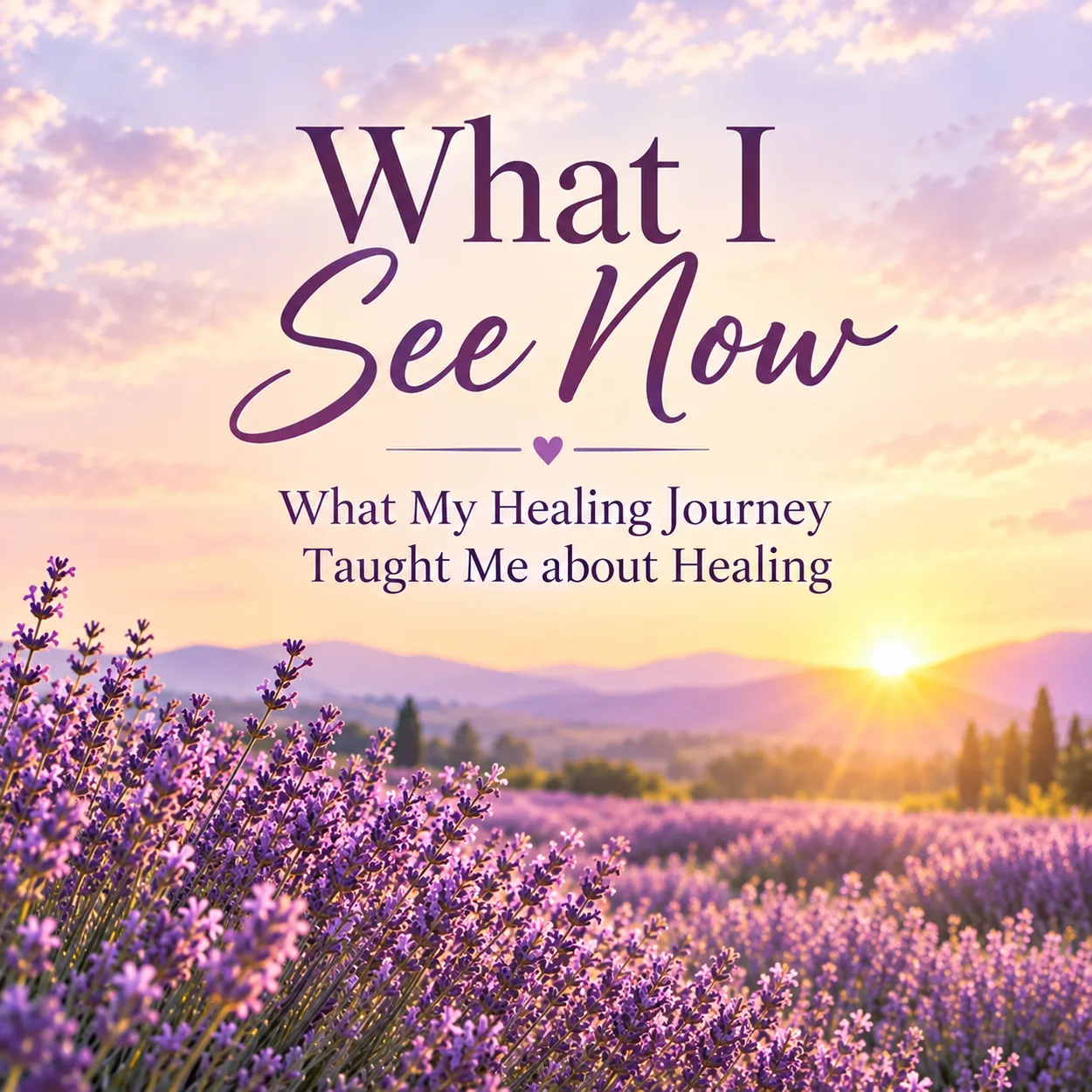 Title card reading What I See Now, What My Healing Journey Taught Me about Healing, over a lavender field at sunset with purple blooms in the foreground and a sun behind distant hills.