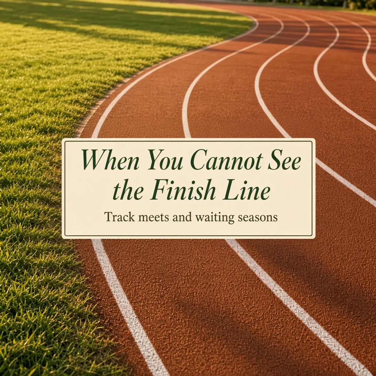 Title card reading When You Cannot See the Finish Line, subtitle Track meets and waiting seasons, over a sunlit running track beside the grass.
