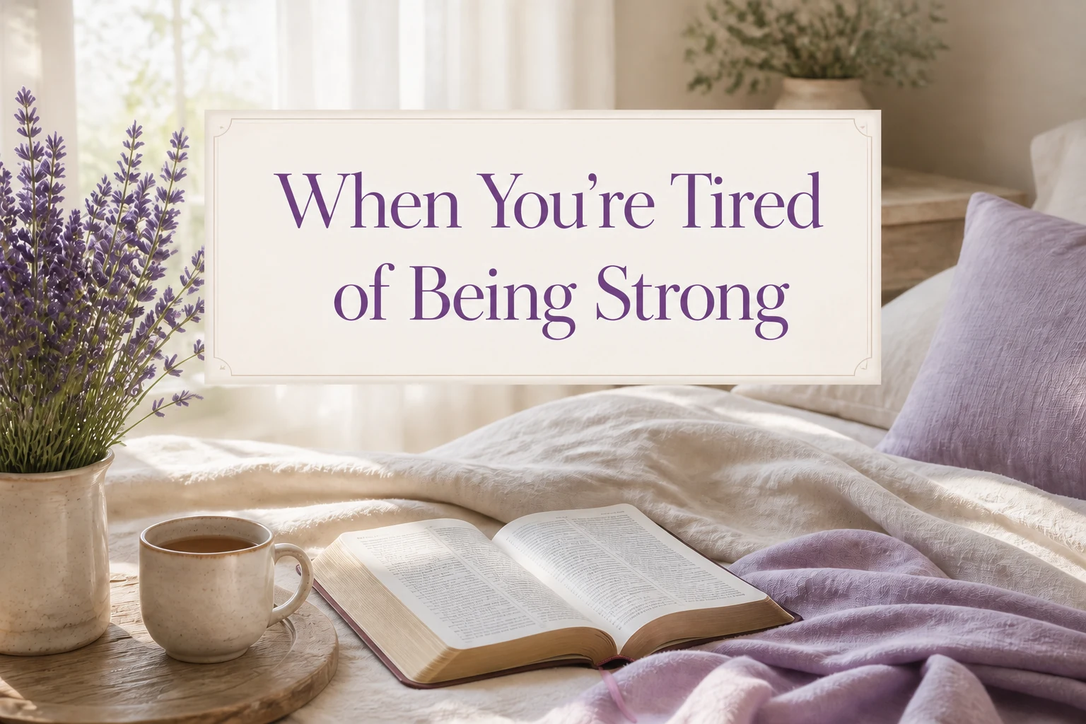 Open Bible and tea in a peaceful lavender bedroom with the words When You're Tired of Being Strong
